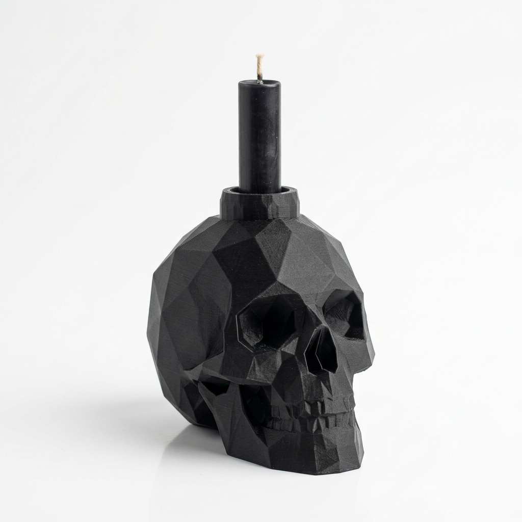 Bougeoir tête de mort low-poly noir avec bougie